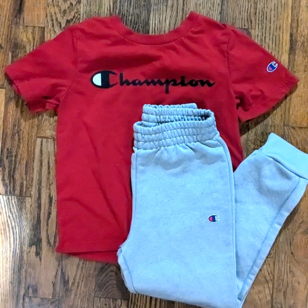 Champion, size 5, red shirt and gray sweats and blue champion blue shirt w g swe